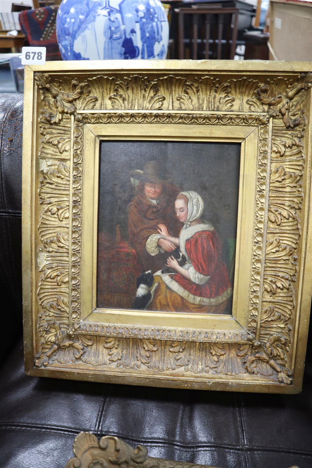 After Gerard Ten Borch, oil on wooden panel, Married couple with lap dogs, 23 x 18.5cm
